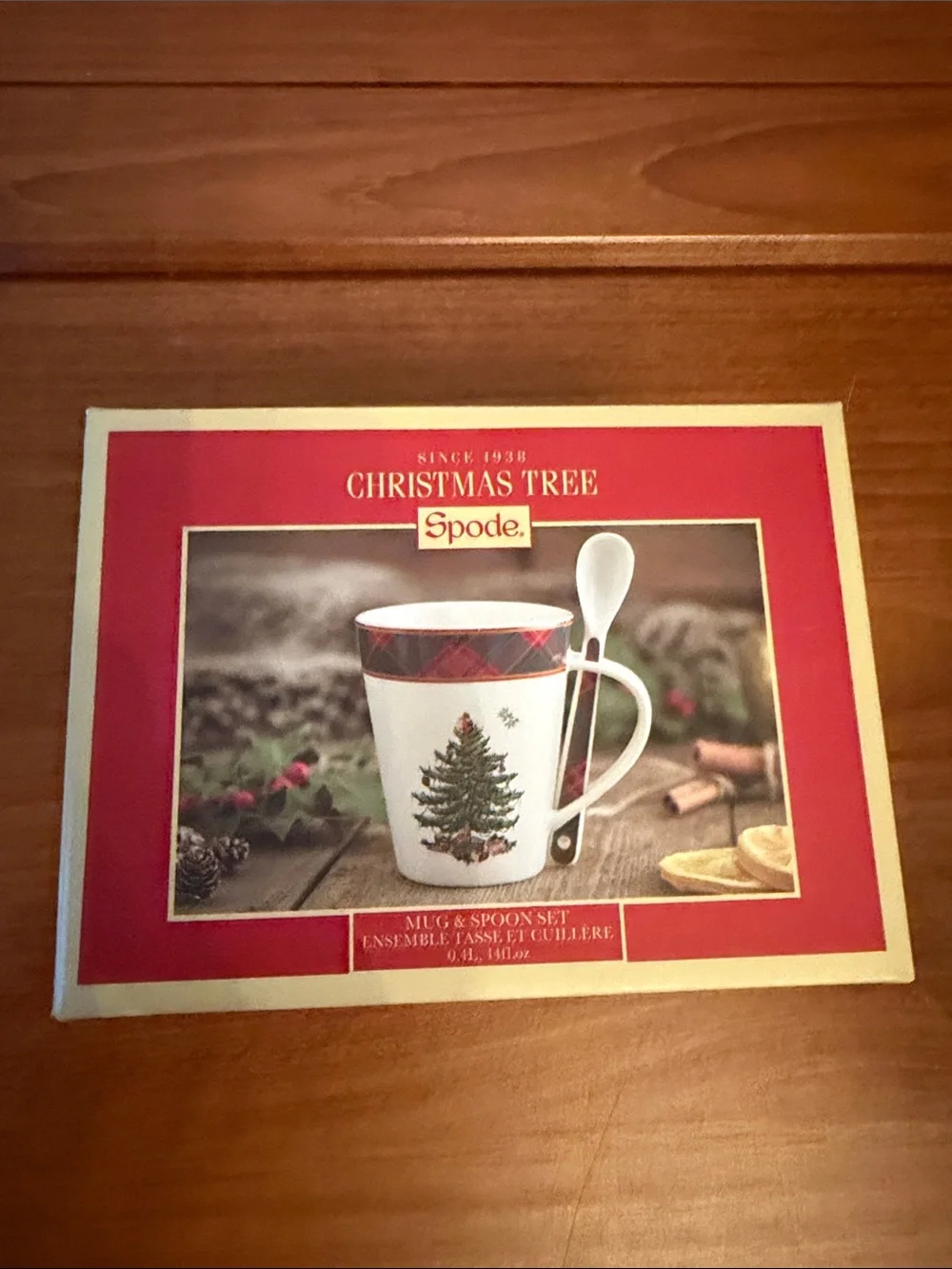 Spode Christmas Tree White Mug & Spoon Set with Red Trim